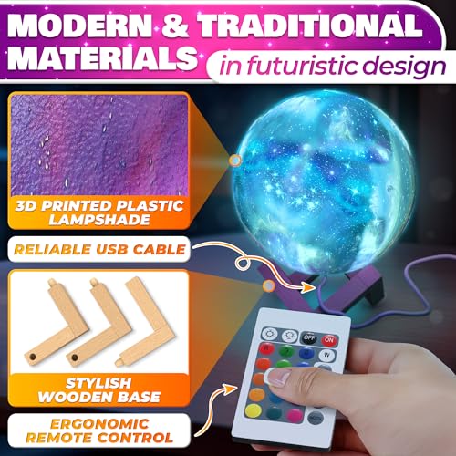 Image of Galaxy Lamp, LED Moon Nightlight 5.9 inch - 16 Colors, 4 Modes Mesmerizing Moon Night Light Globe With Touch & Remote Control, Wooden Stand, USB Charging - 3D Printed LED Night Light with Realistic Design