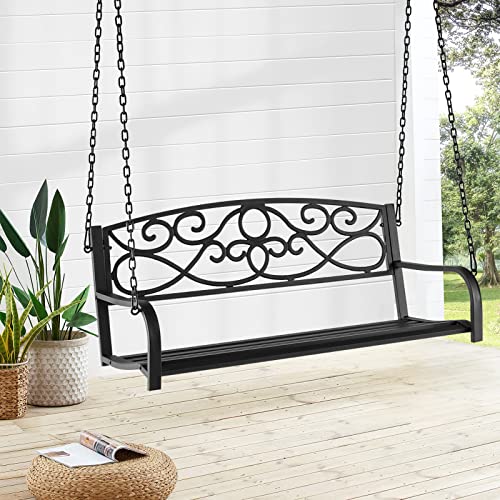 Giantex Metal Porch Swings 2 Person Outdoor Hanging Garden Bench With Sturdy Chains, Wide Seat & Curved Armrests, 485 Lbs Weight Capacity Swing Loveseat For Deck, Backyard Patio Swing Chair (Black) #TOP26