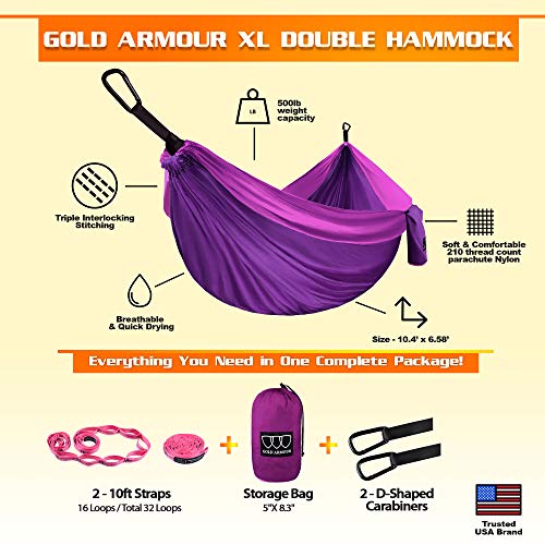 Gold Armour Camping Hammock - Xl Double Hammock Portable Hammock Camping Accessories Gear For Outdoor Indoor With Tree Straps, Usa Based Brand (Purple And Fuchsia) #TOP1