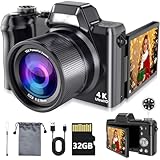 4K Digital Camera for Photography & Vlogging, 56MP Point and Shoot Digital Cameras with 180° Flip Screen, 16X Zoom Compact Travel Camera, Portable Cámara for Adults & Beginners with 32GB SD Card