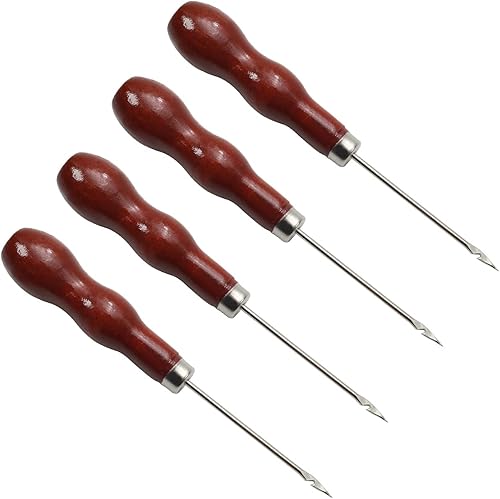 Miniatura 10 de Auniwaig Punzón de cuero para coser con mango de madera, perforador, costura, costura, rasguño, mango largo, herramienta sólida para artesanía de