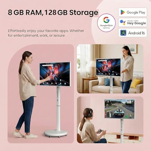 Image of 32 Inch UHD 4K Portable Smart TV on Wheels, 8GB + 128GB Storage, Android 15 OS, Rolling TV with Rotatable Touch Screen, Camera and Stand, Full Swivel Rotation, Voice Remote for Home, Outdoors