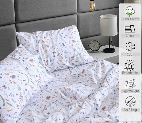 RUVANTI 100% Cotton Twin Sheets Set, 3 Pieces, Soft & Breathable Percale Weave Bedding, Deep Pocket 16", Hotel Standard, Crisp Cool Feel, Durable, Perfect Floral Bed Sheet, Fern Class