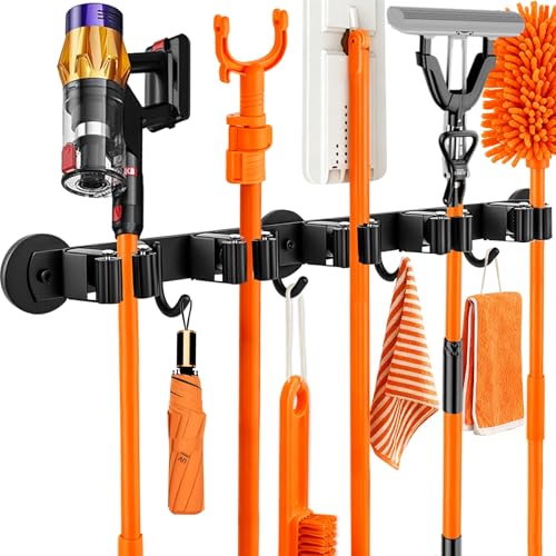 Rukinovi Magnetic Broom Holder Wall Mount with 4 Hooks and 5 Rack- Heavy Duty Non-Slip Mop Hanger for Wet Mops&Cleaning Tools on Refrigerator Metal Door Garage Kitchen Laundry Room