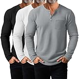 August Alley 3 Pack Men's Waffle Henley Long Sleeve Thermal Shirts, Lightweight Casual Undershirts Pullover Tops with Pockets(Black, White, Gray,Large)