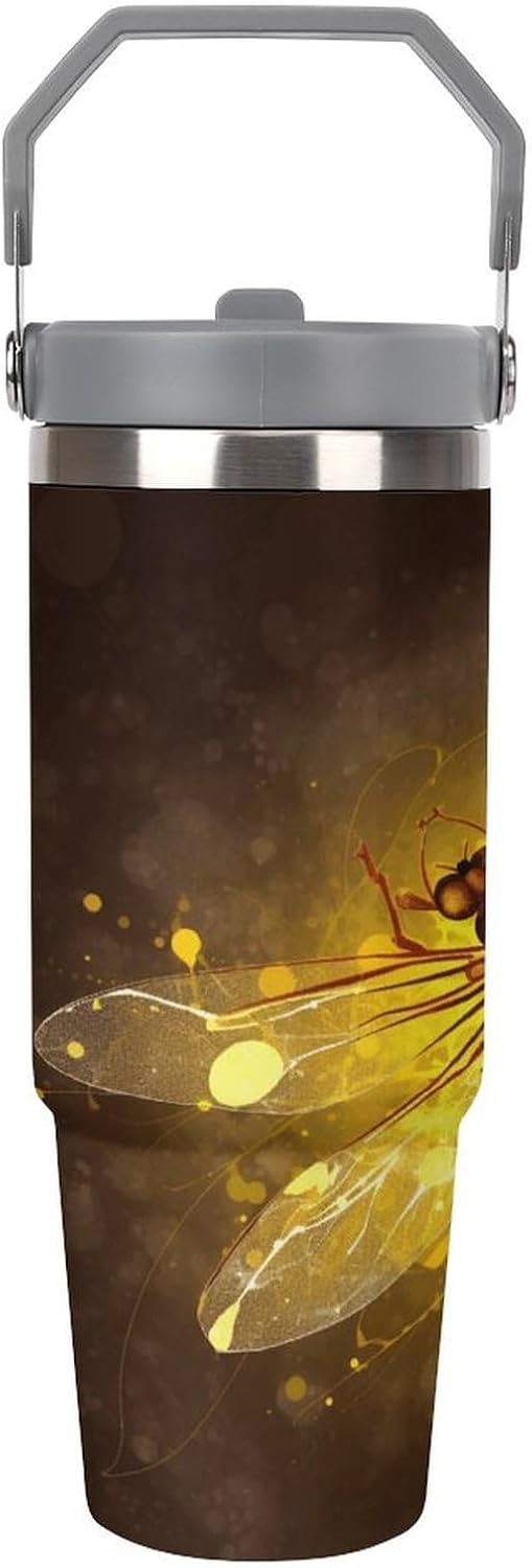 Abstract Yellow Dragonfly Water Bottle 30 Oz Fits Car Cup Holder,Insulated Coffee Mug Large Capacity Car Cups,Stainless Steel Double Wall Sport Bottle for Travel Sports Gym