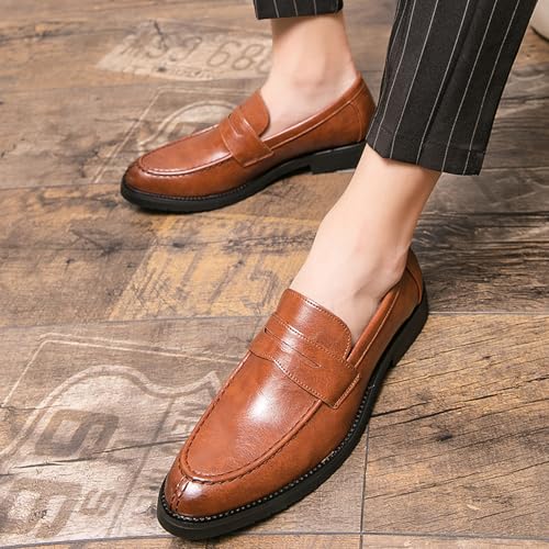 Men's Round Toe Chunky Leather Casual Loafers, Fashionable Slip-On Convex Non-Slip Retro Formal Penny Loafers3