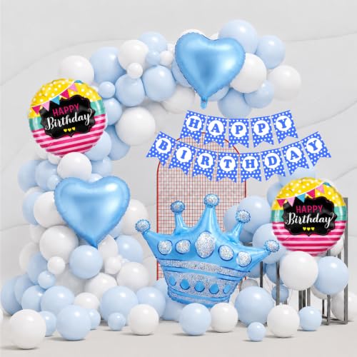 Image of Rozi Decoration Blue White Happy Birthday Decoration Kit Pack of 46 Pcs with Banner, Crown, Heart & Round Birthday Balloons and Latex Balloons for Birthday Party Decoration