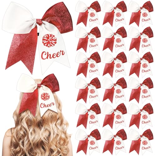 Suncalla Red and White 20 Pcs Cheer Hair Bows Ponytail Holders Cheerleading Ribbon Pom Pom Elastic Hair Ties Cheer Camps Gifts Bulk for Cheerleaders Women Teams Competition Sports Party Favors