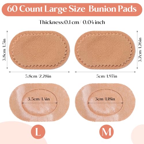 Image of Nuanchu 60 Pieces Bunion Cushions Self-Adhesive Bunion Pads Foot Callus Patches Foot Blister Shoe Accessories Women Men Feet Heel Protector Pads(Skin Color,L)