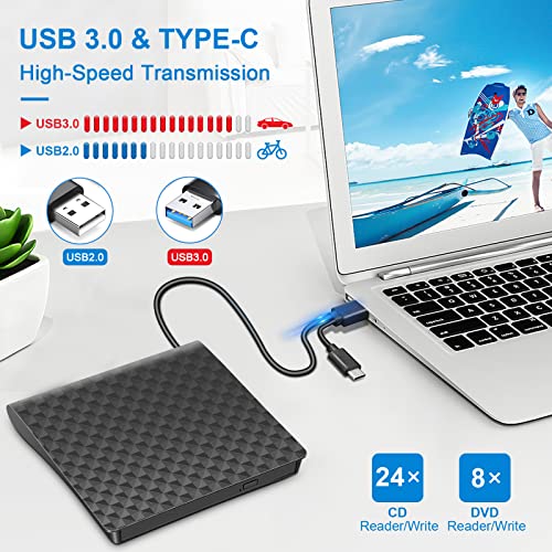 External Cd Dvd Player For Laptop Usb 3.0 Type-C Cd Drive Ultra Slim Portable Cd Dvd +/-Rw Optical Drive Cd Rom Rewriter Burner Reader Compatible With Laptop Desktop Pc Windows Macbook Linux Mac Os #TOP2