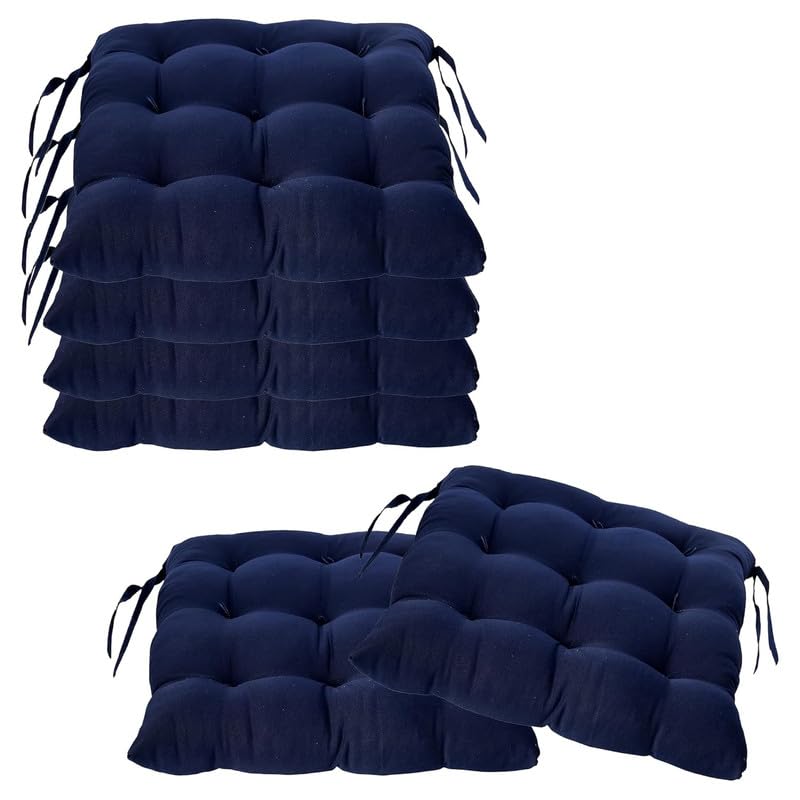 Image of Rajasthan Crafts Pack of 6 Chair Pad | Chair Cushion Pad | Microfiber Square Chair Pads with Ties | Seat Cushion for Chair Office, Sitting, Pooja, Dining & Office Tables (16x16 Inch, Navy Blue)