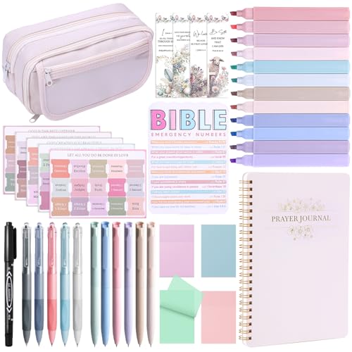 XKDOUS Bible Study Supplies Journaling Kit for Women, Bible Study Kit, 12 Pastel Highlighters and 12 Pens No Bleed, 75 Laminated Tabs, Prayer Journal Pencil Case and More, Beige