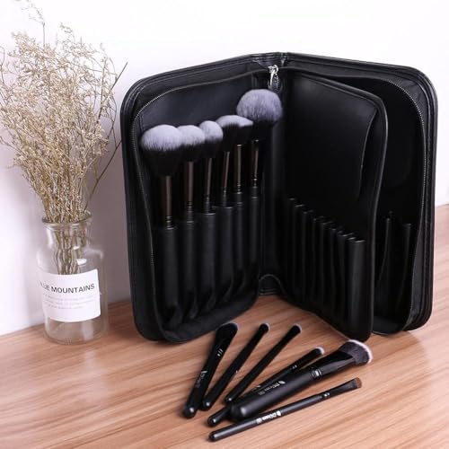 Image of Makeup Brush Holder Bag, Professional Makeup Brushes Organizer Bag Makeup Artist Cosmetic Case Leather Handbag Black Travel Portable
