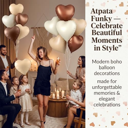 Image of Atpata Funky Boho Theme Foil Balloons - White Sand, Nude Cream, Tan Brown Caramel Shades - Stars and Hearts Shape - for Weddings, Birthdays, Baby Showers, and Party Decorations (6pcs, Hearts)