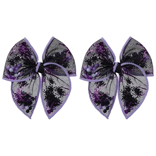 Image of Halloween Spider Shaker Bow Hair Clips 4in Black Purple Spiderweb Mesh Tulle Fable Hair Bow Alligator Hairpins for Teen Toddler Girls Women Kids Costume Party Accessory Gift Set of 2