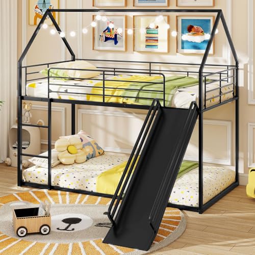 Giantex Twin Over Twin Bunk Bed with Slide & Ladder, House-Shaped Metal Bunk Bed Frame with Safety Guardrail & Roof, Heavy-Duty Kids Loft Bed for Boys Girls Junior, No Box Spring Needed, Black