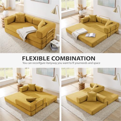 Image of HANXIN Convertible Sleeper Sofa Bed, 78 Inch Folding Floor Mattress Couch with Fixed-Shape Frame, Futon Boneless Couch Lounge Loveseat with Pull Out Bed, No Assembly Required (Yellow)