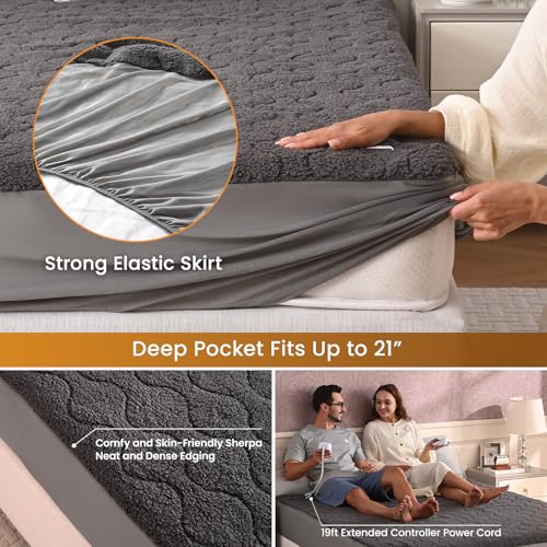 Bearhug Electric Heated Mattress Pads King Size Dual Controllers 78”×80” Sherpa Bed Warmer 21” Deep Pocket 10 Heat Settings 12-Hour Timer Machine Washable Gray by Bearhug - Image 3
