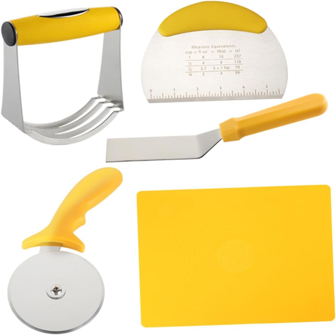 Milisten 5pcs Stainless Steel Pizza Cutter Wheel and Dough Chopper Set with Silicone Kneading Mat and Measurement for Baking and Cooking Supplies