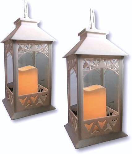 Miniatura 4 de Faroles decorativos iluminados blancos, juego de 2 con velas LED y temporizador de 5 horas, uso en interiores y exteriores, paneles de latice de 13