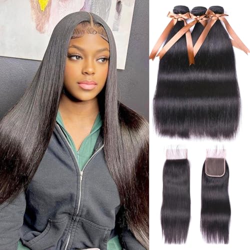 ALLRUN Straight Bundles with Closure Human Hair 20 22 24+18 Brazilian Human Hair Bundles with Closure Straight 100% Unprocessed Virgin Weave Hair 10A Bundles Human Hair with Lace Closure