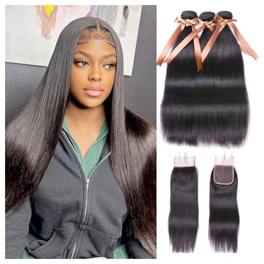 ALLRUN Bundles with Closure Straight Hair(20 22 24+18 Closure)100% Brazilian Straight Virgin Hair 3 Bundles with Lace Closure Free Part Human Hair Extensions Natural Black Color