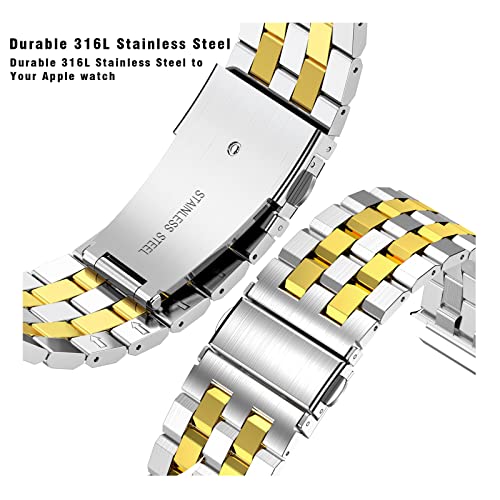 Image of SUPLINK Stainless Steel Case Band Compatible with Apple Watch Series 10 42mm Bands /Apple Watch Series 11 42mm Band, Metal Rugged Protective Bumper Case for iWatch Bands Men,Silver and Gold