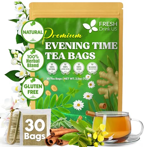 Image of FreshDrinkUS, Evening Time Herbal Tea - 30 Tea Bags - Caffeine-Free Blend with Senna, Peppermint, Chamomile, Licorice, Ginger, Reishi Mushroom - Relaxing Herbal Infusion - Non-GMO & Natural