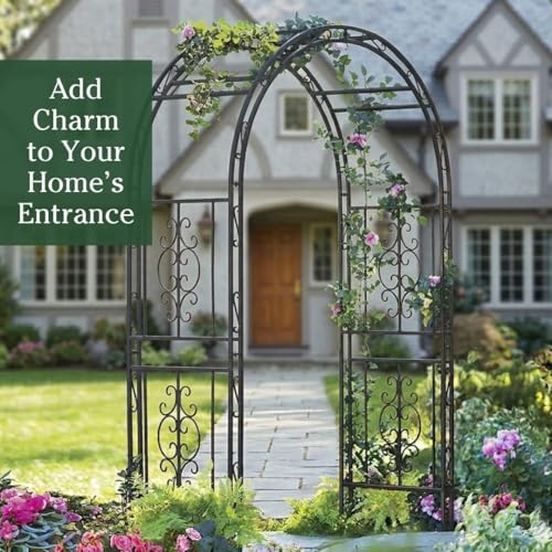 Image of Plow & Hearth Arch Metal Outdoor Garden Arbor | Montebello | 7 Feet Tall | Steel Iron Trellis Lattice for Climbing Plants & Heavy Vines | Wedding Outdoor Patio Decor