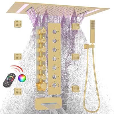 HOMEDEC LED Full Body Rain Shower System with 6pcs Body Jets Spray with?Up/Down ?Shower Spout, Large 3 In 1 Functions 14x20inch Showerhead, Rainfall Mist Shower Faucet Set Complete, Brushed Gold