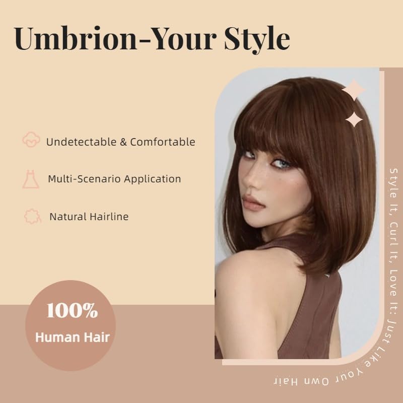 Short Straight Bob Brown Human Hair Wigs With Bangs Natural Look Glueless For Women Daily Use (Dark Brown)