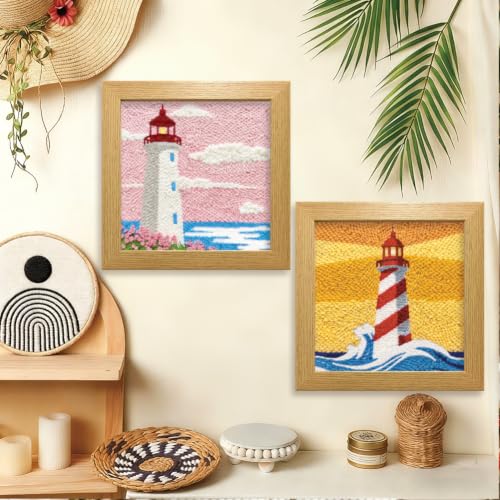 Image of BEUNITONE 2Set Punch Needle Kit with Frame for Adults Beginners, Lighthouse Needlepoint Crafts Kit for Adults, Complete Embroidery Starter Kits with Pre-Print Pattern for Gift Home Decor 9.4 inchx9.4 inch