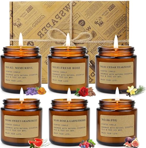 6 Pack Candles Gifts Set for Women, Home Scented Candle Amber Fig Rose Mint, Jar Candles Presents for Mom Her Woman Stress Relief, Set Birthday Weddings Present, Sleep Candles Mother Valentine's Day