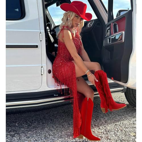 Image of KiutSymo Cowgirl Fringe Boots For Women White Tassels Cowboy Boots Knee High Pointed Toe Western Boots