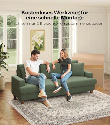 Kidirect Cord Sofa 3 Sitzer, 221CM Bequemes Couch 53CM Extra Tiefe Sitze, Sofa Wohnzimmer Werkzeugfreie Montage, Big Sofa Couch mit 2 Kissen, Modernes Couch fürs Büro, Schlafzimmer Sofas Waldgrün