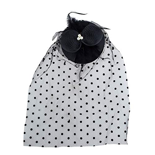 LUX ACCESSORIES Black Bow Net White Pearl Polka Dot 80's Inspired Vintage Bridal Veil