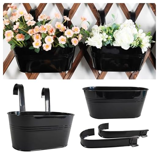 Joyfernal 2 Pack Metal Hanging Planter for Outdoor Plants, 10 Inch Black Fence Planters Railing Pots for Garden Patio Balcony Decor, Flower Bucket with Detachable Hooks (Black, 2Pcs)