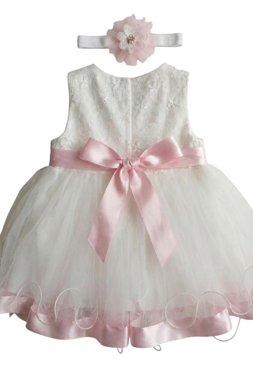 SIRRI Weißes Tüll-Partykleid & Haarband-Set für Babys, rosa Schärpe, Hochzeits-Party-Outfit