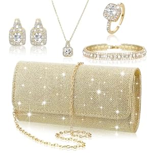 5 Pcs Rhinestone Jewelry Set for Women Glitter Bling Clutch Purse Necklace Earrings Bracelet Ring for Bride Wedding