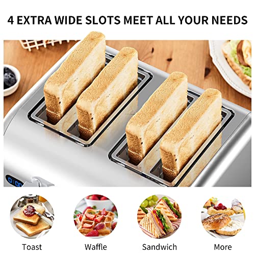 Toaster 4 Slice, Redmond Stainless Steel Retro Toaster With Led Countdown Timer And Removable Crumb Tray, Dual Control Panel, Reheat Defrost Cancel Function, High Lift Lever, Silver #TOP3