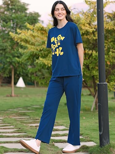 Image of ZEYO Night Suit for Women's Typography Printed Cotton Night Dress of Top and Wide Bottom Pyjama