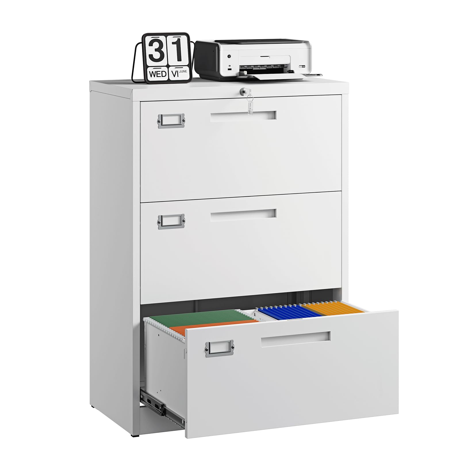 Letaya 3 Drawer File Cabinets with Lock,Metal Lateral Filing Storage Cabinet Printer Stand,White Steel Home Office Cabinet for Hanging Files Letter/Legal/A4 Size (White, H39.84×W28.35×D15.74)