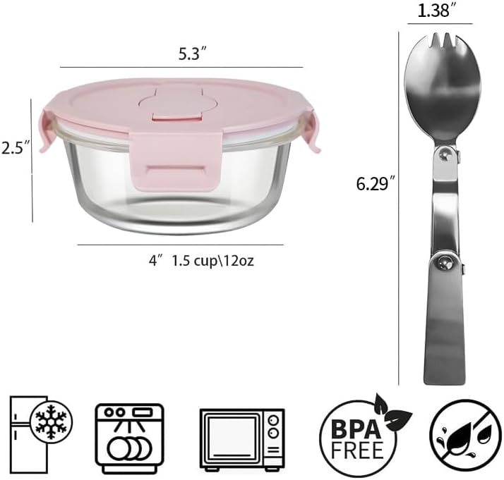 Miniatura 2 de Recipientes de vidrio para almacenamiento de alimentos de 1.5 tazas con tapas a prueba de fugas y cuchara plegable, recipientes pequeños para