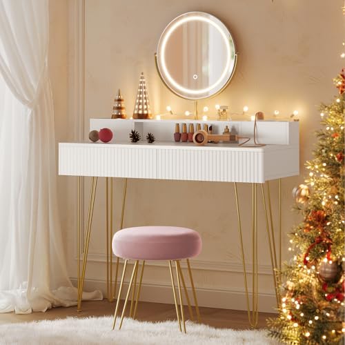 VASAGLE Schminktisch mit Hocker und Beleuchtung, Steckdosenleiste, Spiegel, Frisiertisch, 40 x 100 x 134,8 cm, Kosmetiktisch mit Schubladen, gepolsterter Sitzhocker, mattweiß-blassgold RVT619W01