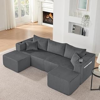 Yihomfy Canapé d'angle, Canapé Compressé avec 2 Porte-gobelets, Poche latérale et Coussins, Canapé Modulable Forme de U/L, Configuration Libre, Canapé Sectionnel en Velours Côtelé pour Salon