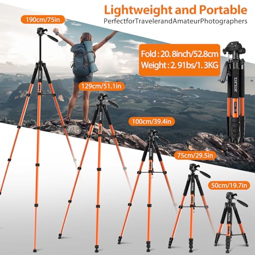 75inch Camera Tripod for ipad iPhone, Heavy Duty Aluminum Tripod with 360° Panoramic Ball Head,Compatible with Canon/Nikon/Sony DSLRs (Load 15 lbs for Travel/Live Streaming/Macro Shooting)