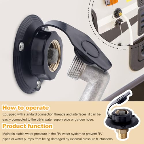 Image of RV City Water Inlet, 3 /4 NH Female to 1 /2 NPT Male RV Hose Connector Fresh Water Fill Inlet Connection Flange with Check Valve Dust Cover Ideal Camper Motorhome Marine Trailer Replacement Accessories