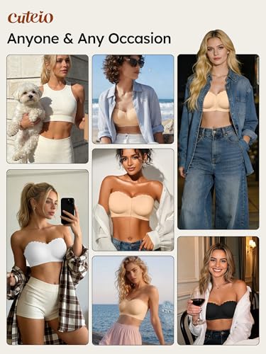 Image of Strapless Bras for Women, XS-XL, Front Closure Anti-Slip Comfortable Bandeau Top, Wavy Edge Padded Bra