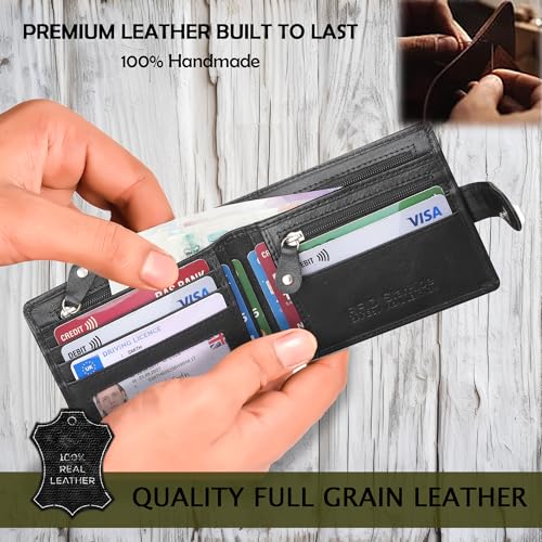 Black RFID Blocking Genuine Leather Billfold Wallet With Zip Coin Pocket Pouch For Men 40033